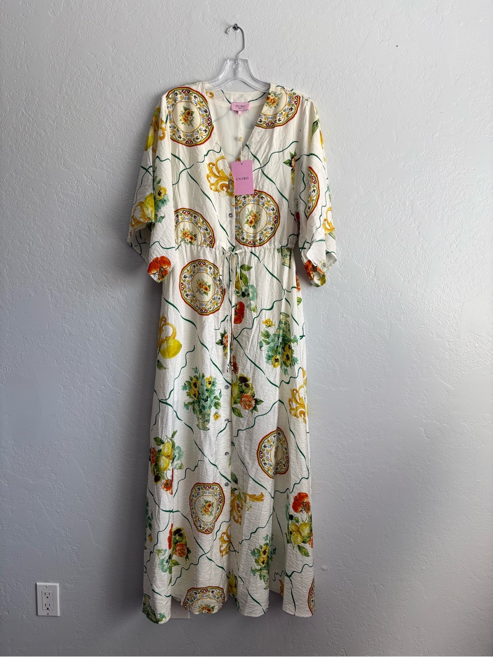 ❤️NEW entro White Maxi Dress with Yellow & Green Floral Medallions